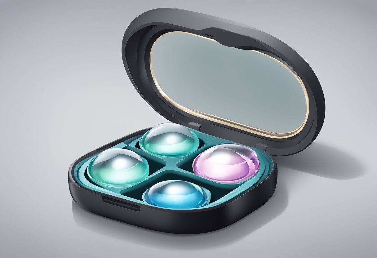 A pair of prescription contact lenses resting on a sleek, modern case