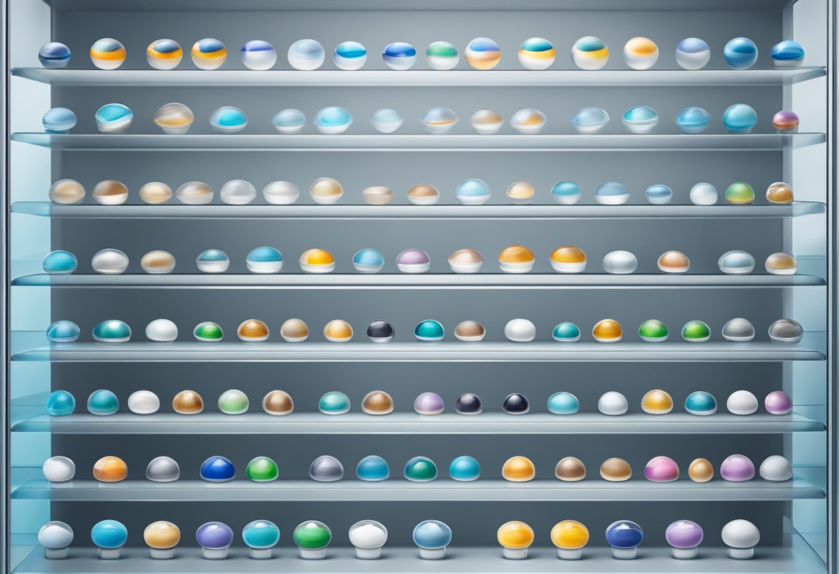 A variety of prescription contact lenses arranged on a sleek, modern display case