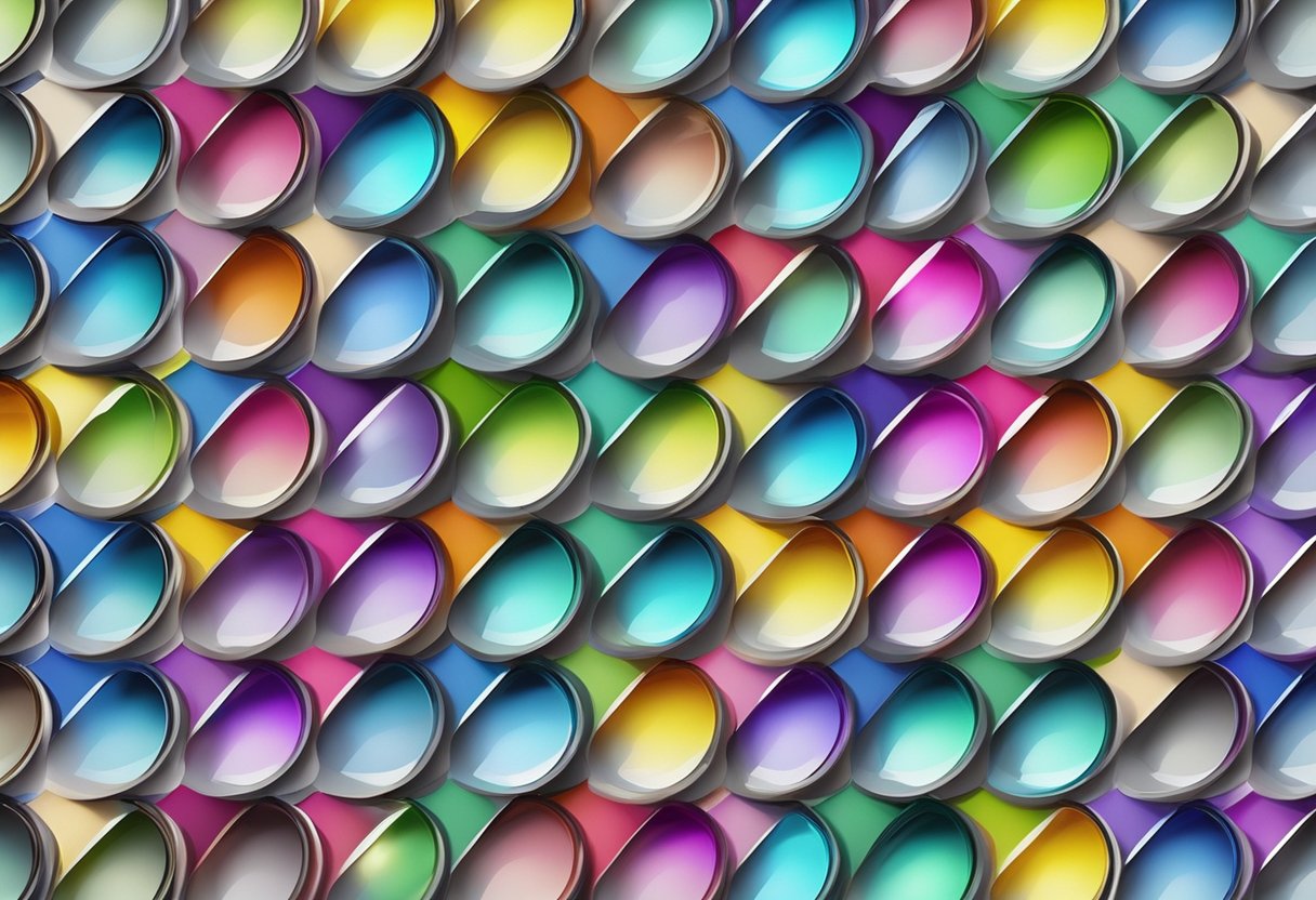 A close-up of colorful contact lenses arranged in a circular pattern on a reflective surface