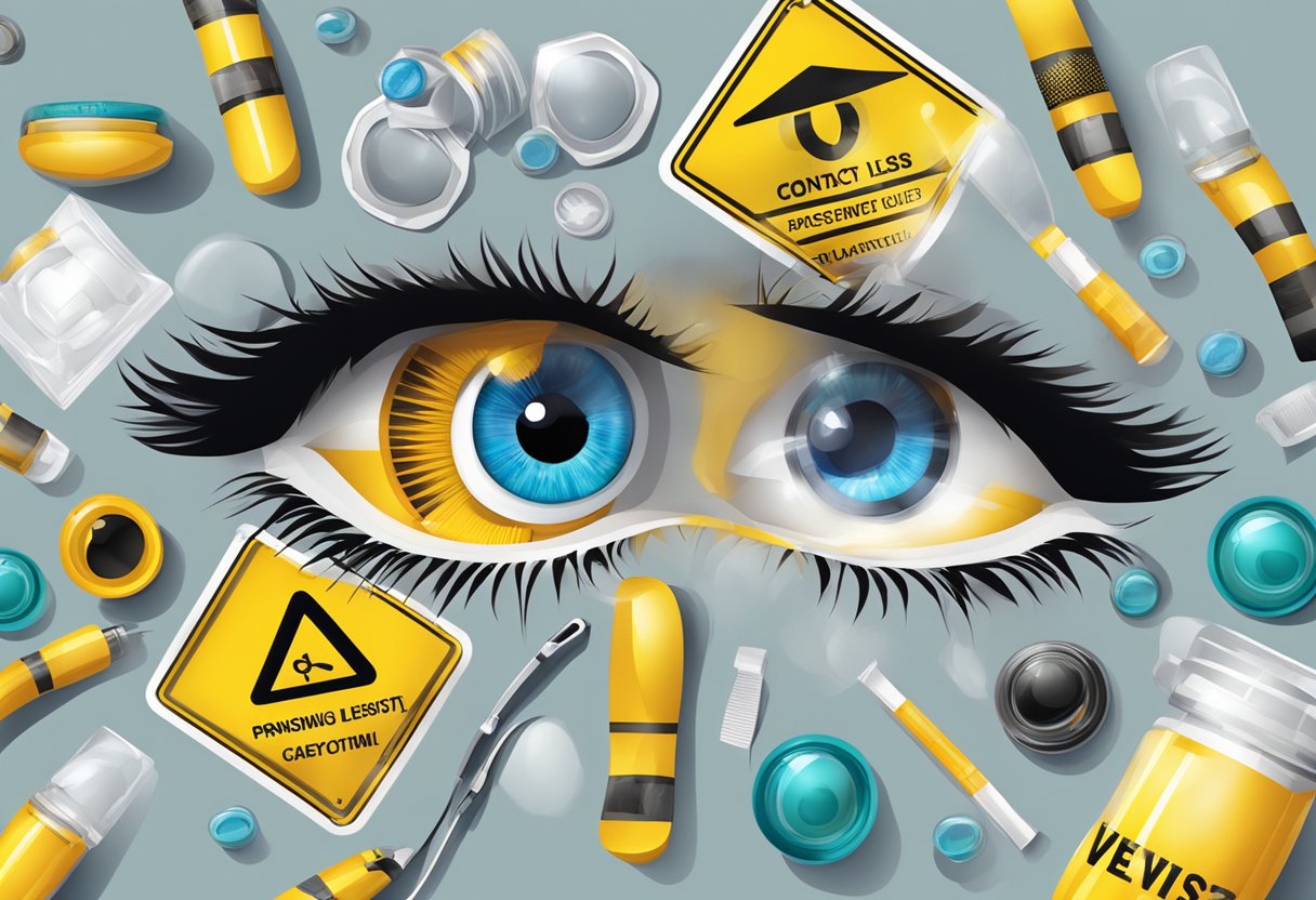 A pair of colourful contact lenses surrounded by safety equipment and warning signs