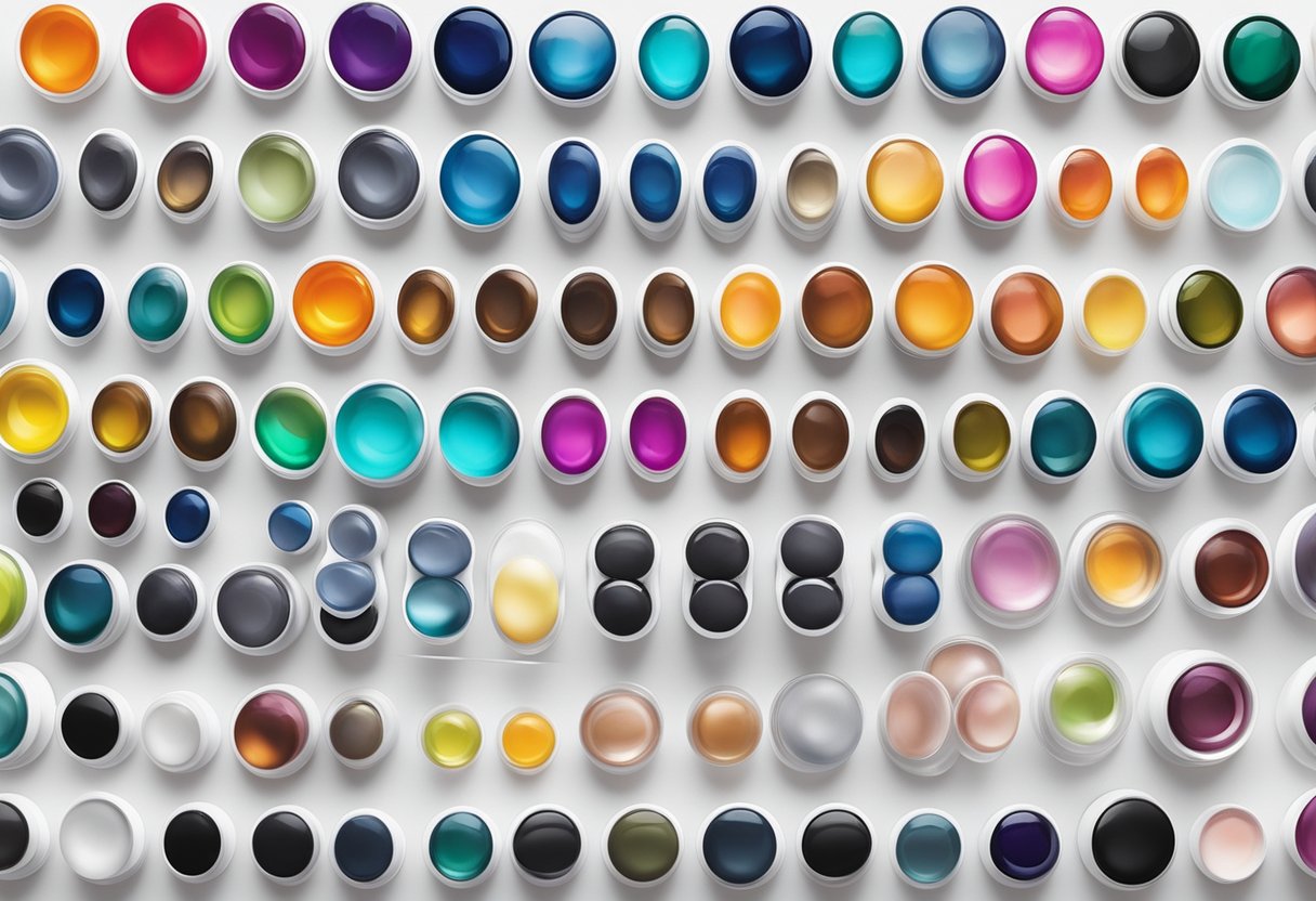 A colorful array of non-prescription colored contacts displayed on a clean, white surface with various shades and designs