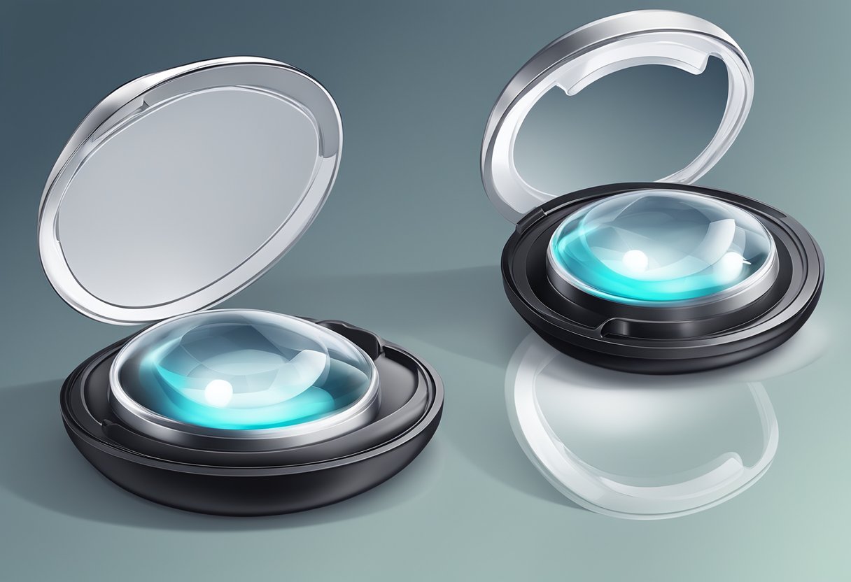 A pair of prescription contact lenses resting on a sleek, modern case, with a soft, diffused light highlighting their transparent surface