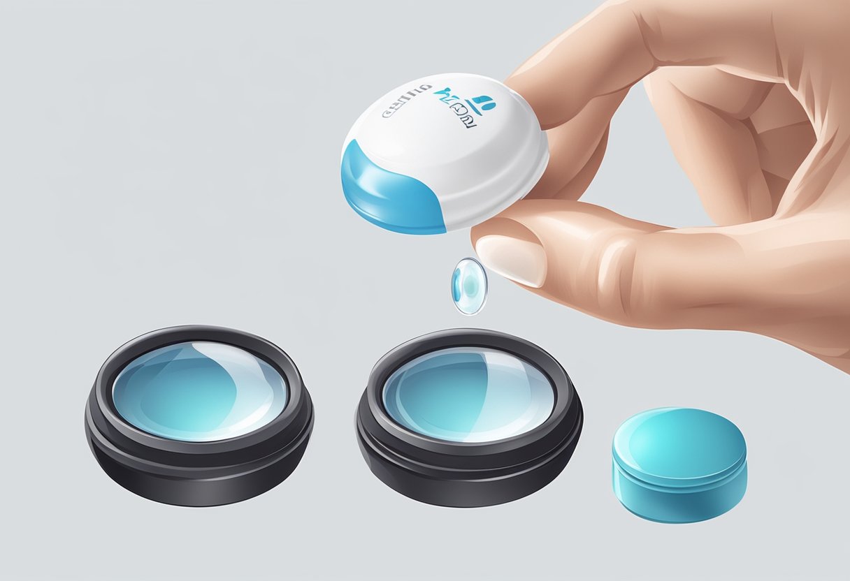 A hand holding a contact lens case with solution, next to a pair of prescription contact lenses on a clean, white surface