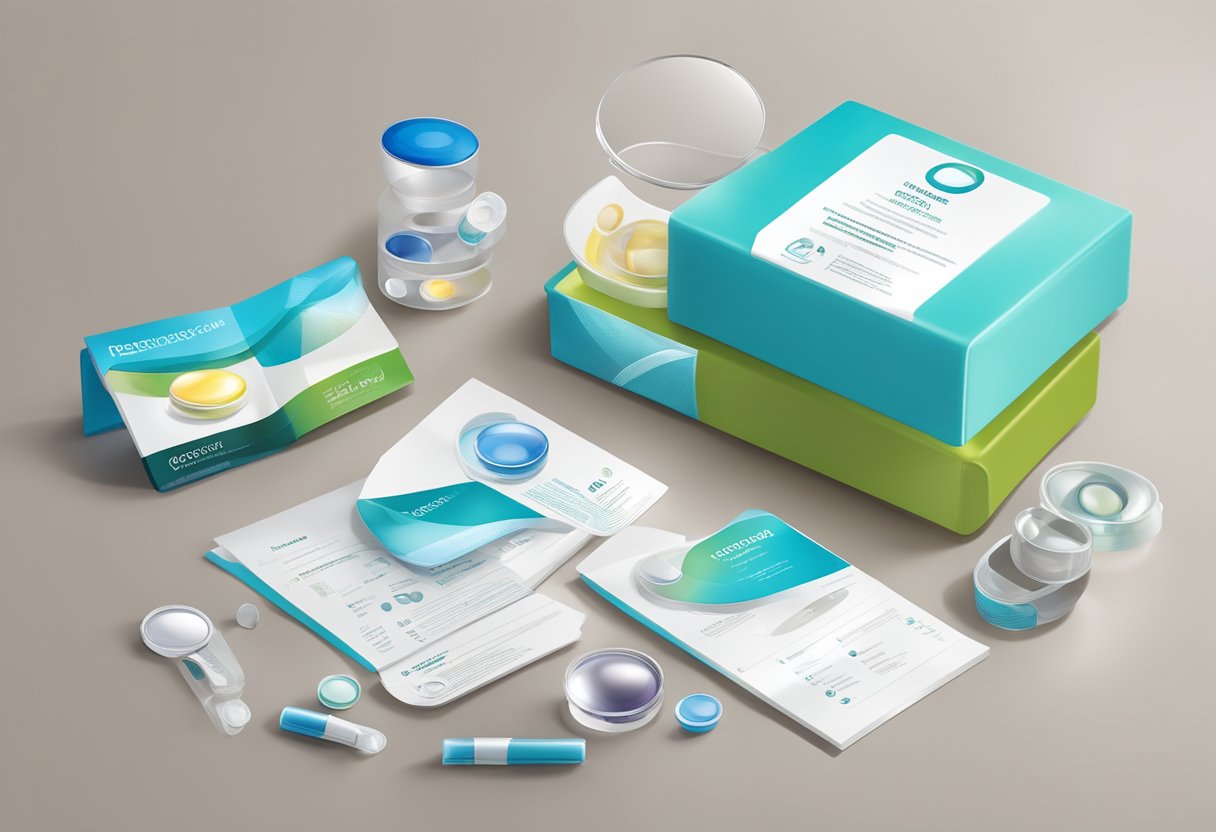 A display of various prescription contact lenses in different packaging, alongside informational brochures and a magnifying glass for closer inspection