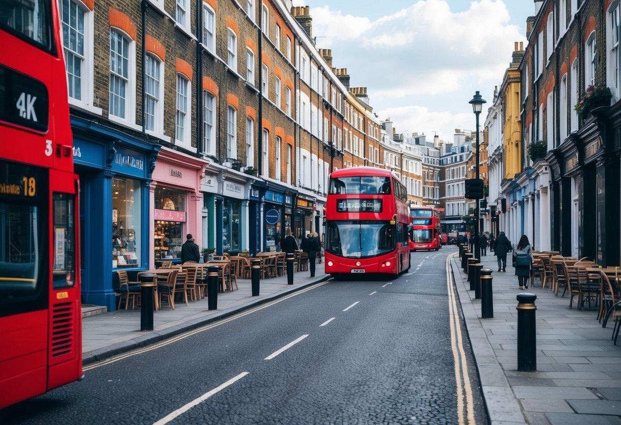 Una strada vivace a Londra, con file di edifici colorati, negozi e caffè che costeggiano i marciapiedi di ciottoli. Un autobus a due piani rosso passa, contribuendo all'atmosfera vivace.