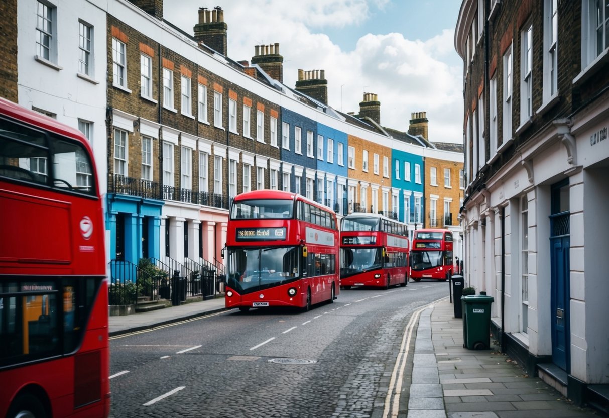 Un vivace quartiere di Londra con case a schiera colorate, strade acciottolate e iconici autobus a due piani rossi che passano.