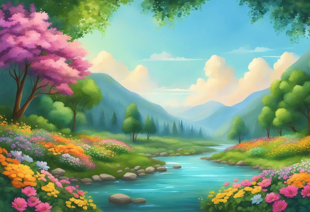 A serene landscape with a tranquil river flowing through a lush, green valley, surrounded by vibrant, blooming flowers and towering trees