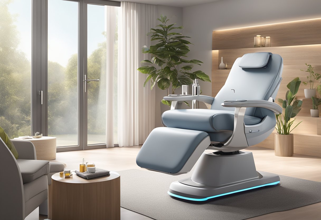 A serene spa room with a comfortable treatment chair, soft lighting, and a Morpheus8 machine ready for use