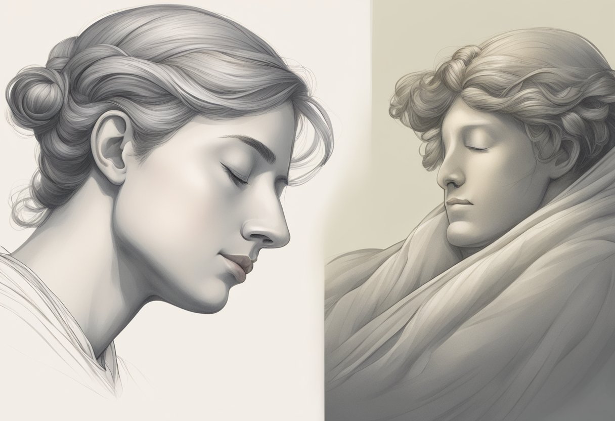 A serene, sleeping figure with a relaxed neck, then a figure with a taut, lifted neck and a sense of rejuvenation