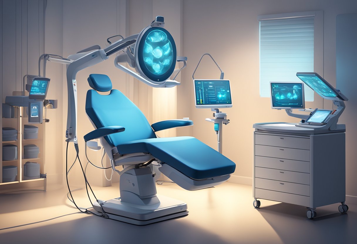 A serene, dimly lit room with a comfortable treatment chair and medical equipment set up for the Morpheus8 procedure