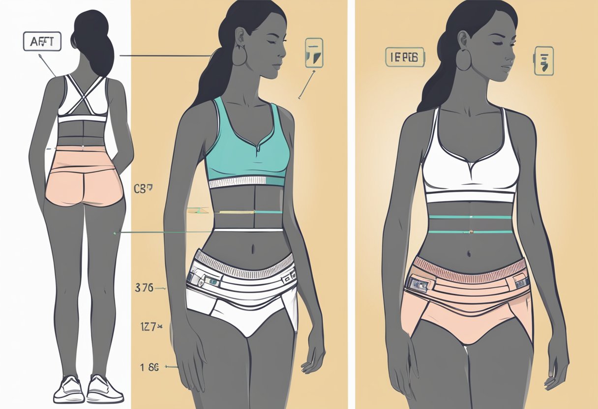 A measuring tape wrapped around a waist, with before and after images of a flatter stomach displayed on a digital screen