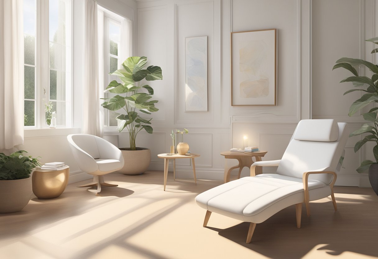 A serene, sunlit room with a reclining chair, soft music playing, and a soothing atmosphere. A before and after sculpture of a body contouring treatment is displayed on a clean, white table