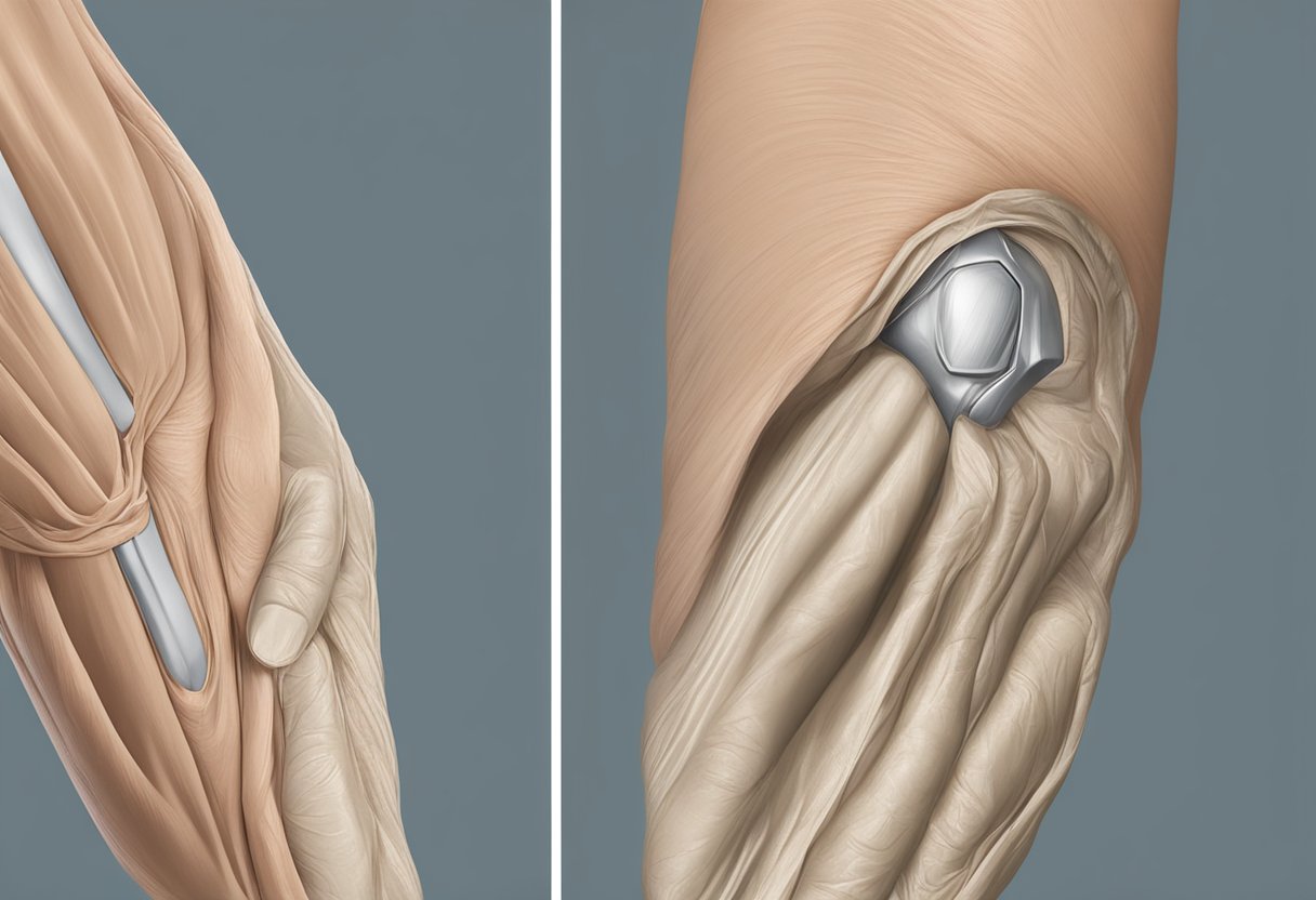 A close-up of a pair of loose, wrinkled arms before, and then a second image of the same arms showing tightened, smooth skin after Morpheus8 treatment