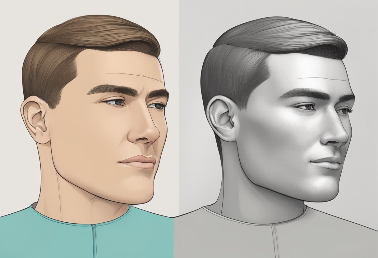 A side-by-side comparison of a jawline, with one side showing undefined contours and the other side showing a defined and sculpted appearance