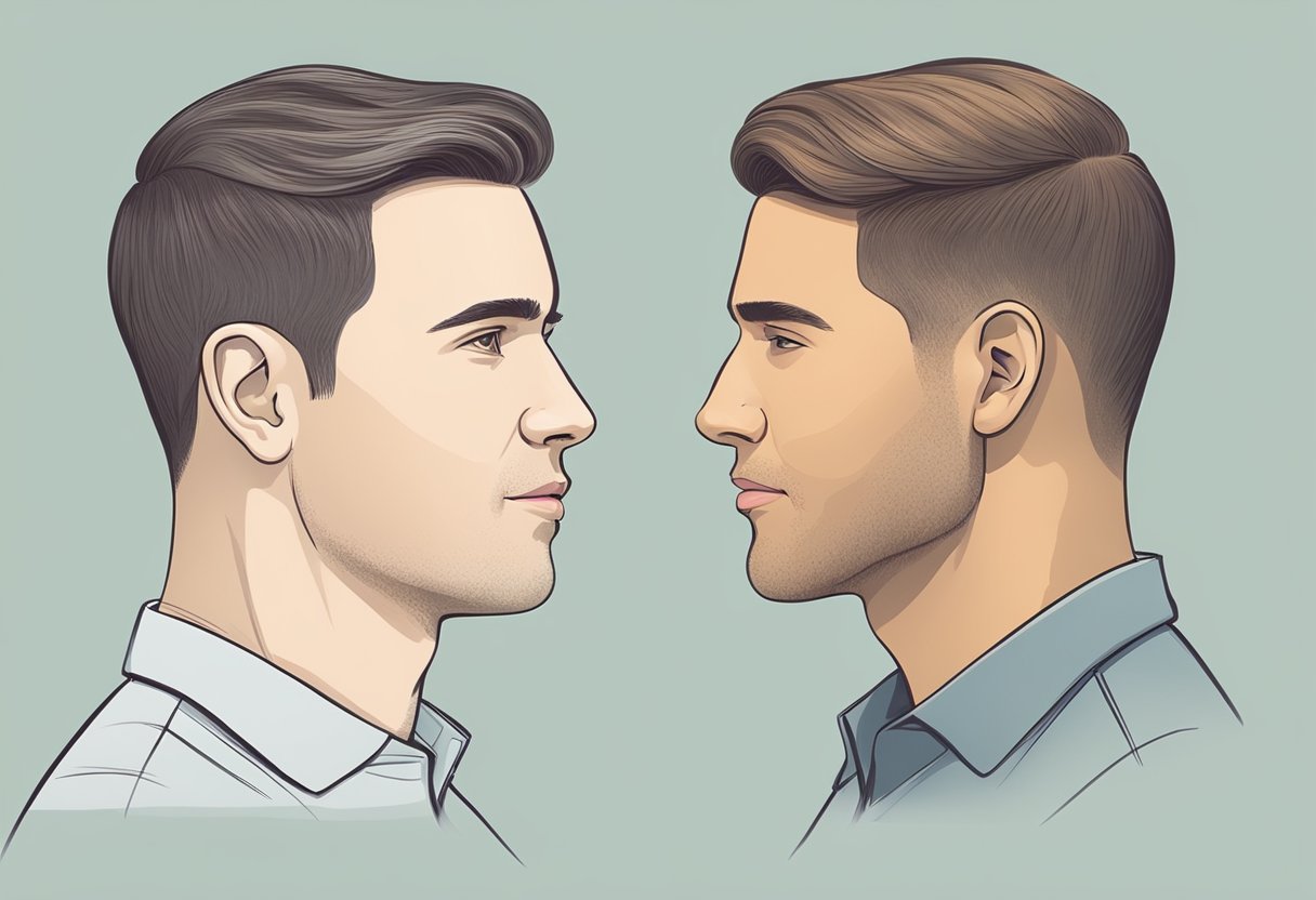 A profile view of a person's jawline, with the before image showing a prominent double chin and the after image revealing a sculpted and defined jawline