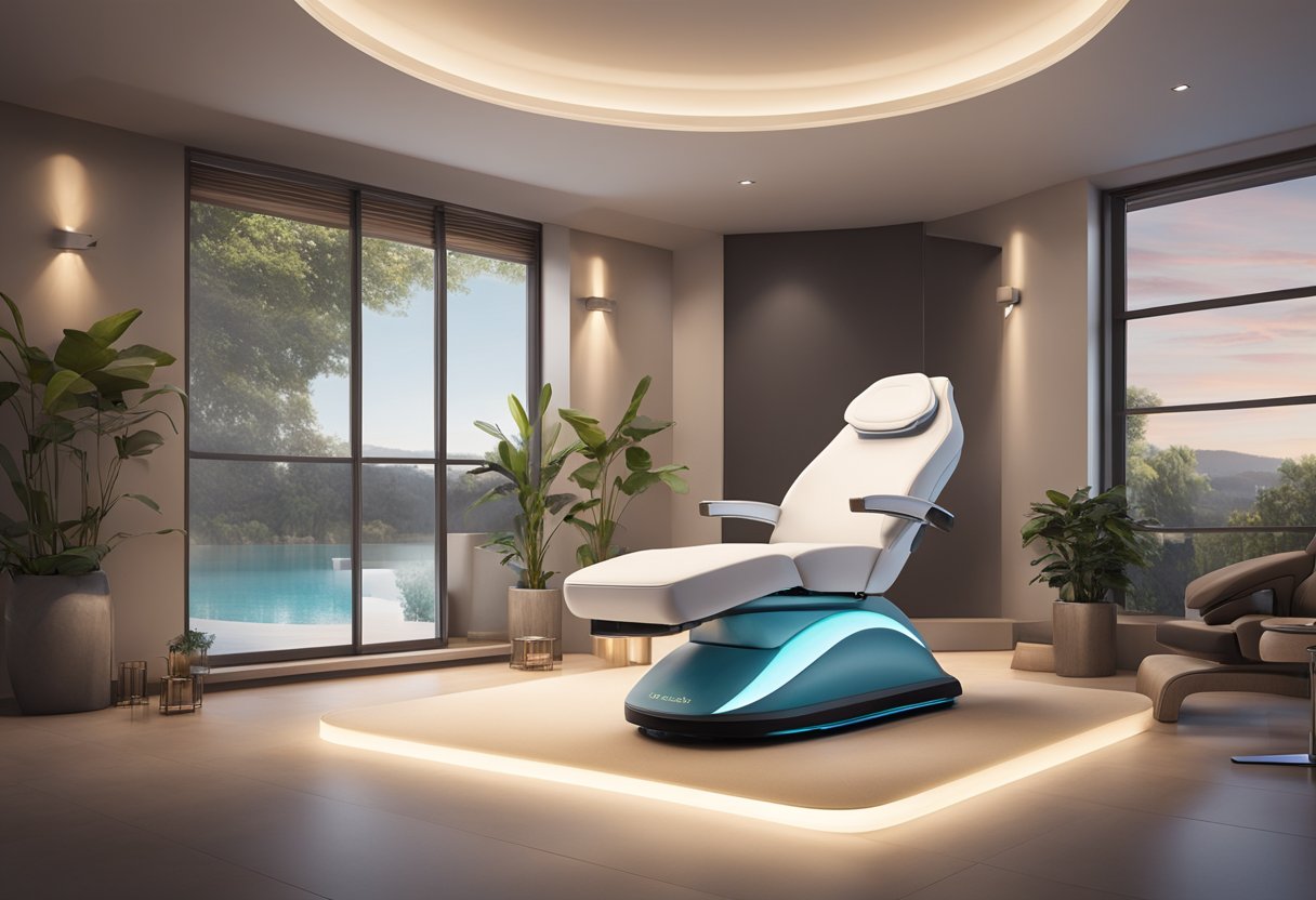 A serene and modern spa setting with a reclined treatment chair, soft ambient lighting, and a sleek Morpheus8 machine ready for use