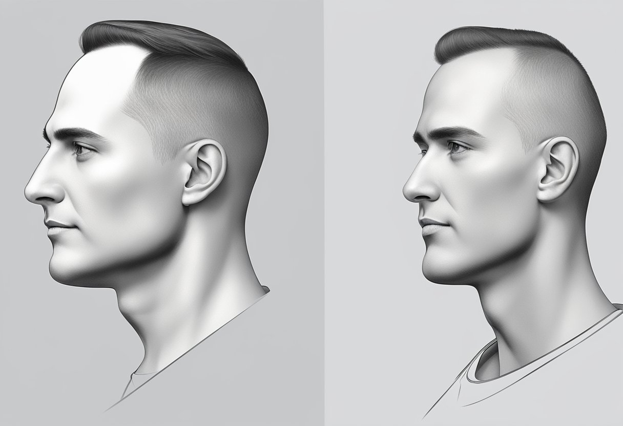 A profile view of a jawline before and after Morpheus8 treatment, emphasizing the transformation from a double chin to a defined and sculpted jawline