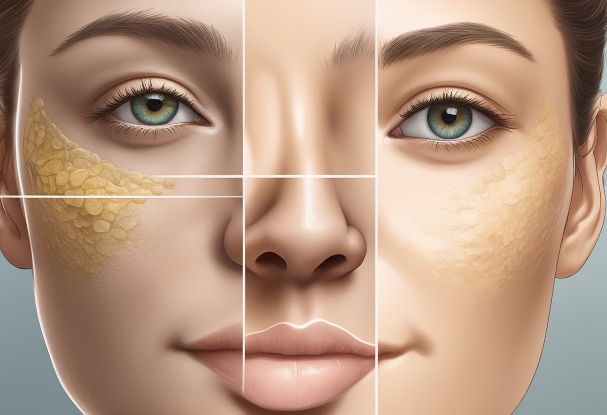 A close-up of a scarred skin before, and a smooth, clear skin after using Morpheus for acne scars