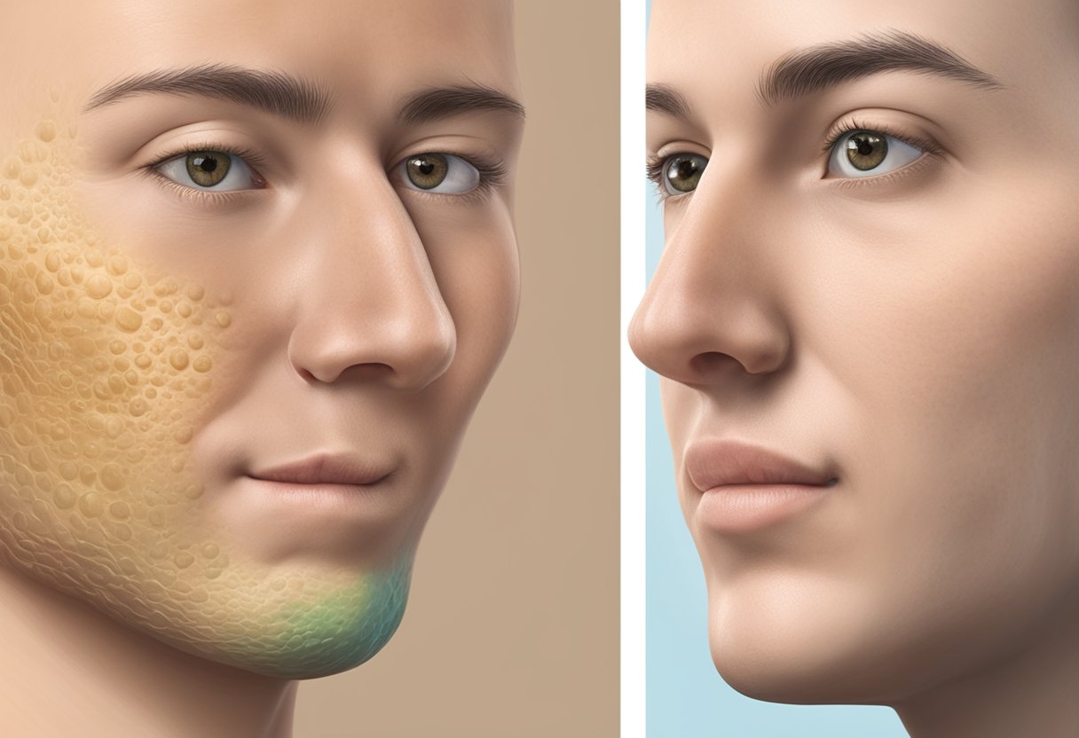 A close-up of a skin surface with visible acne scarring, followed by the same skin surface with significantly reduced scarring after Morpheus treatment