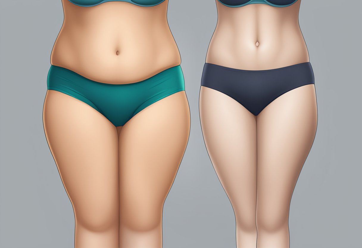 A woman's lower body before and after Morpheus8 cellulite treatment, showing visible improvement in skin texture and reduction of cellulite