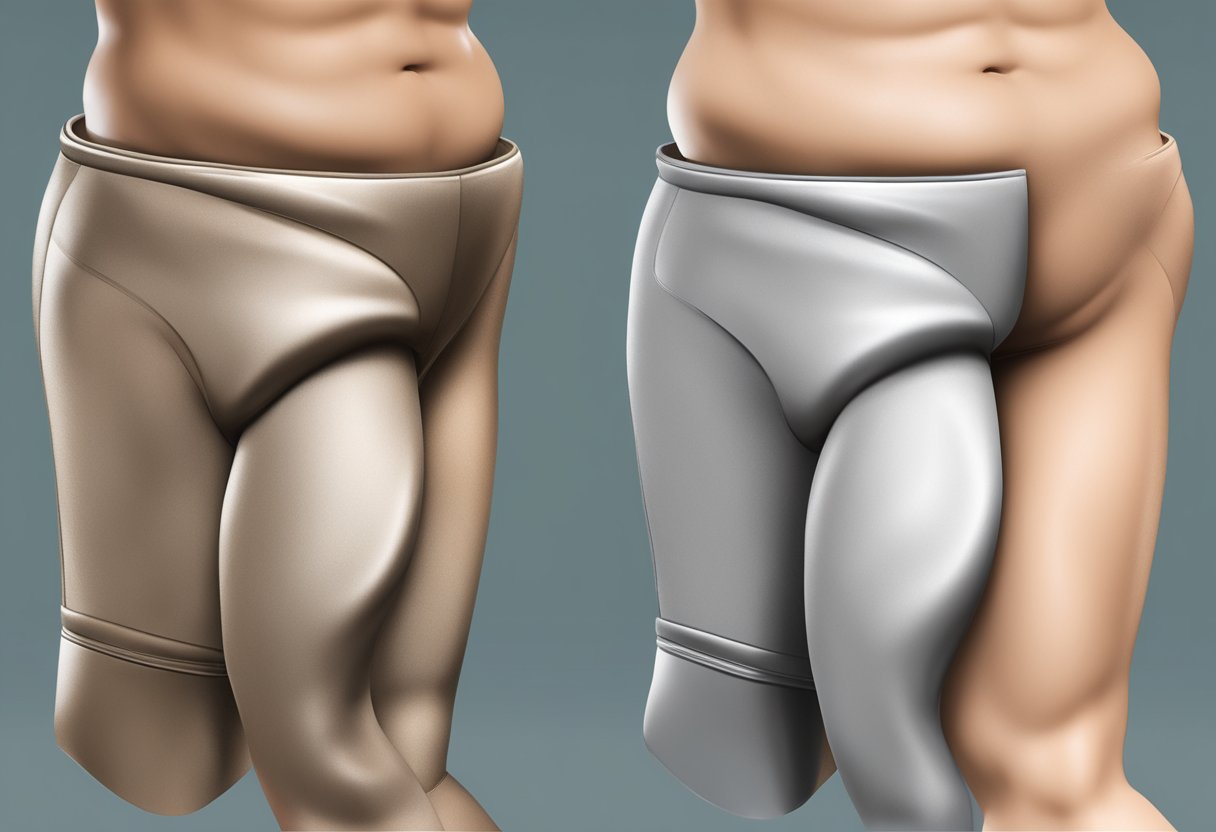 A before-and-after image of Morpheus thighs, with the first showing rough and dimpled skin, and the second showing smooth and toned skin