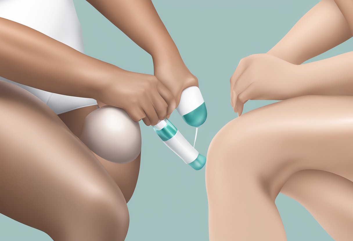 A tube of Morpheus Thighs Treatment being applied to a thigh, followed by an after image of the same thigh with smoother and firmer skin