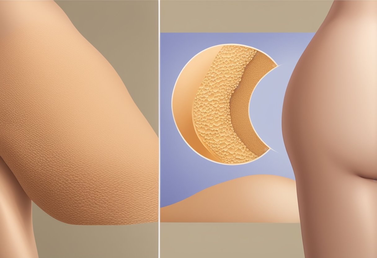 A close-up of a thigh with visible cellulite and uneven skin texture on one side, and smooth, firm skin on the other side