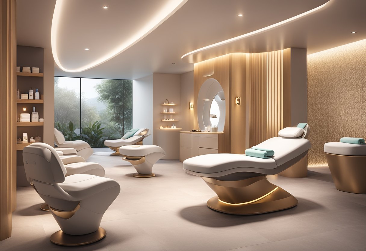 A serene spa room with soft lighting, a comfortable treatment chair, and a display of Morpheus8 devices and complementary skincare products