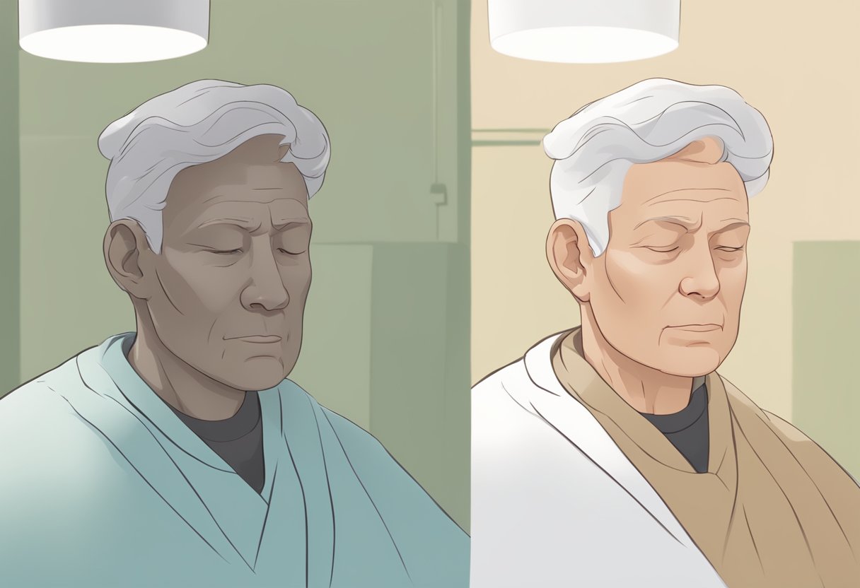 A serene spa room with soft lighting, a comfortable treatment chair, and a serene atmosphere. A before and after image of Morpheus' forehead, showing the smoothing of wrinkles