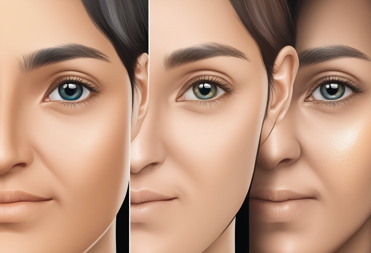 A close-up of under-eye area with dark circles before and after Morpheus8 treatment, showing visible improvement in skin texture and reduction in discoloration