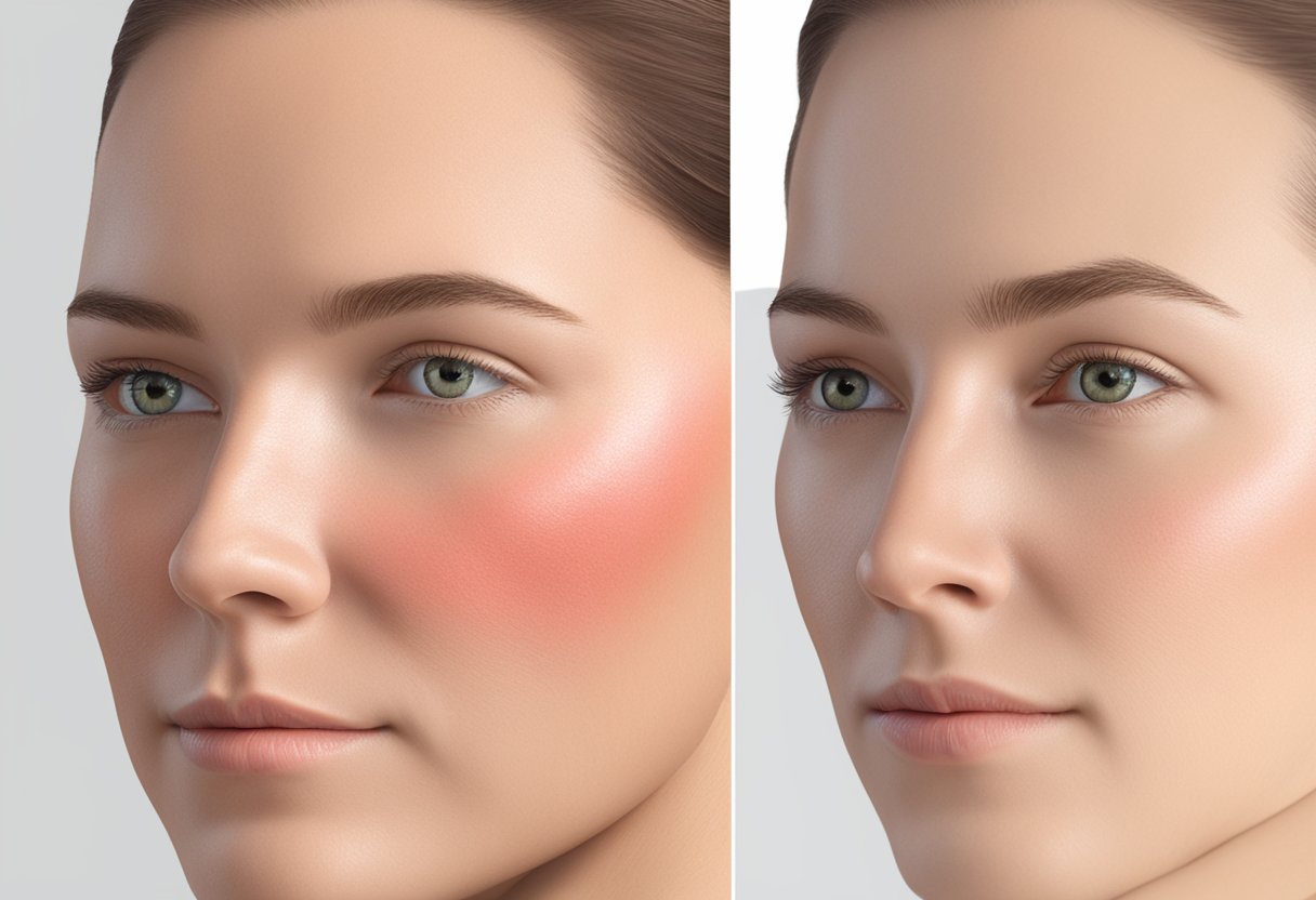 A close-up of a red, inflamed patch of skin before, and a clear, calm complexion after using Morpheus for rosacea