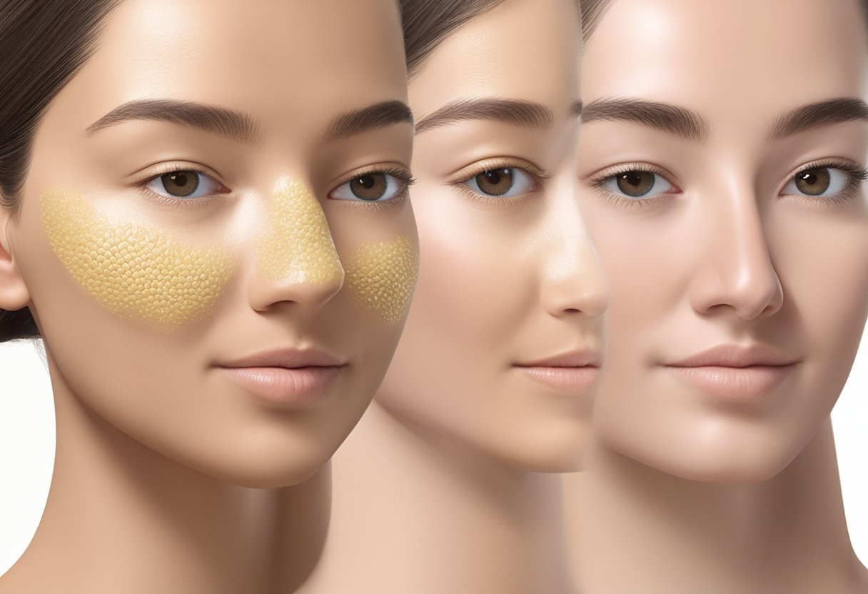 A close-up of a skin surface with visible pores before and after Morpheus8 treatment, showing a significant reduction in pore size and improved skin texture