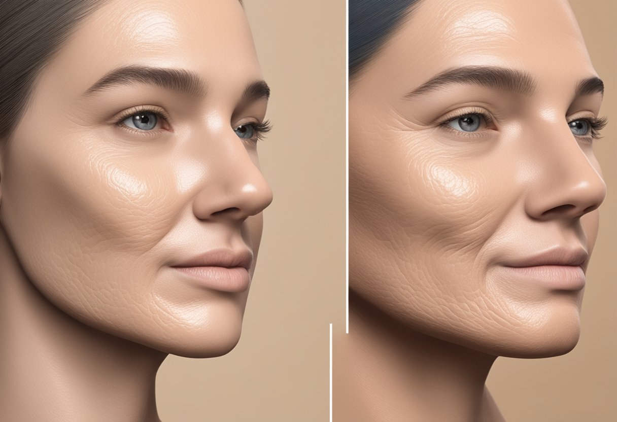 A close-up of a skin with large pores before and after Morpheus8 treatment, showing visible improvement and smoother texture