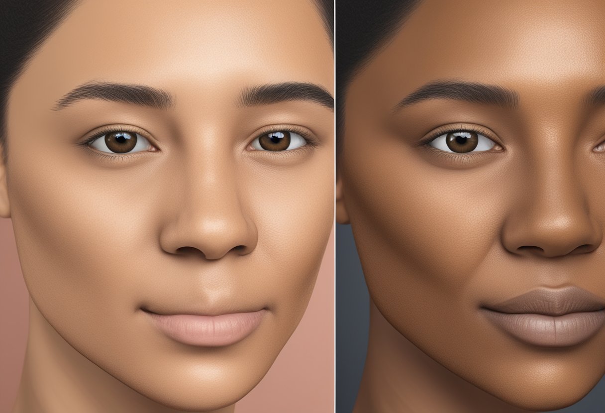 A close-up of a patch of discolored skin before and after using Morpheus for hyperpigmentation, with noticeable improvement in skin tone and texture