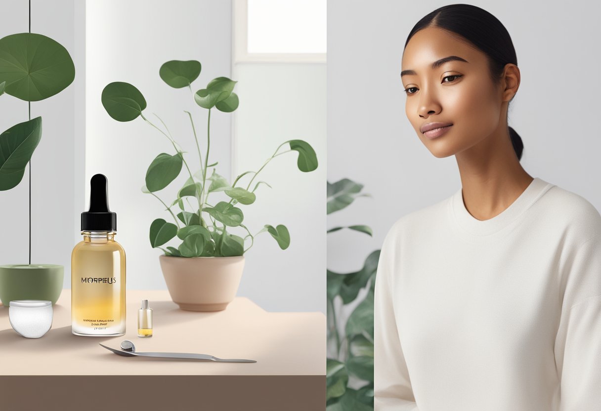 A serene, minimalist room with a table holding a bottle of Morpheus serum, a before photo of hyperpigmentation, and an after photo showing clear, even skin