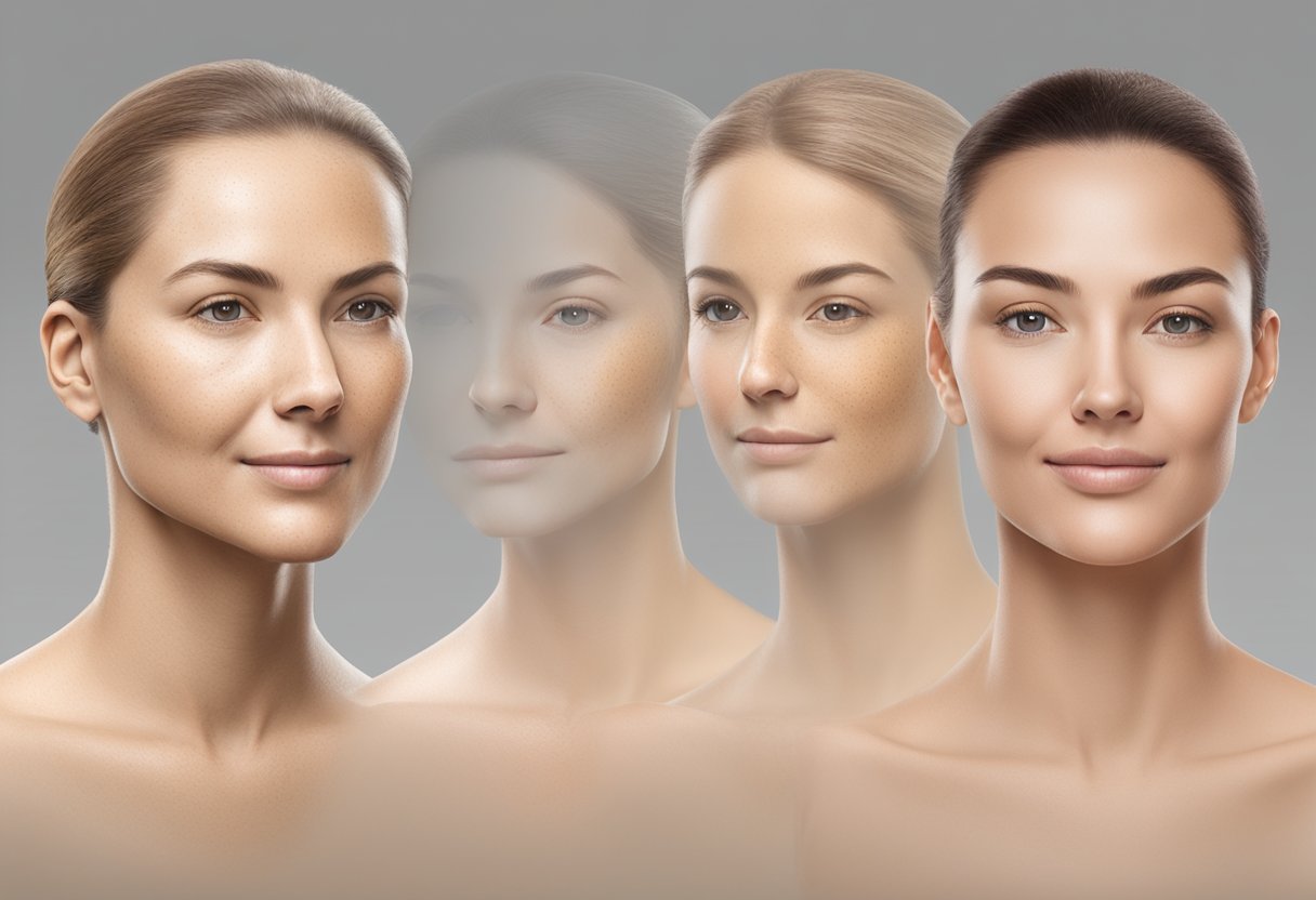 A series of close-up photos showing the progression of hyperpigmentation on a neutral background, with Morpheus8 treatment and other treatments for comparison