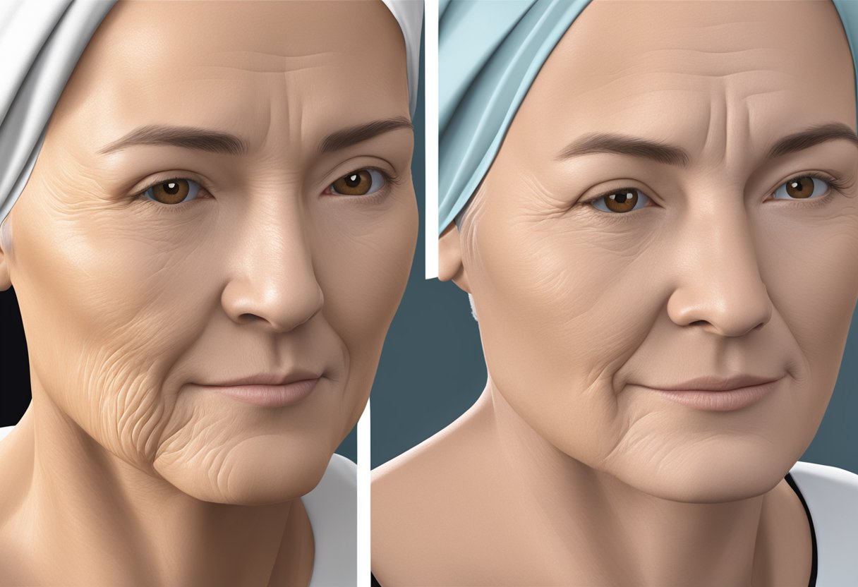 A close-up illustration of a sagging skin area before and after the Morpheus8 procedure, showing significant tightening and improved skin laxity