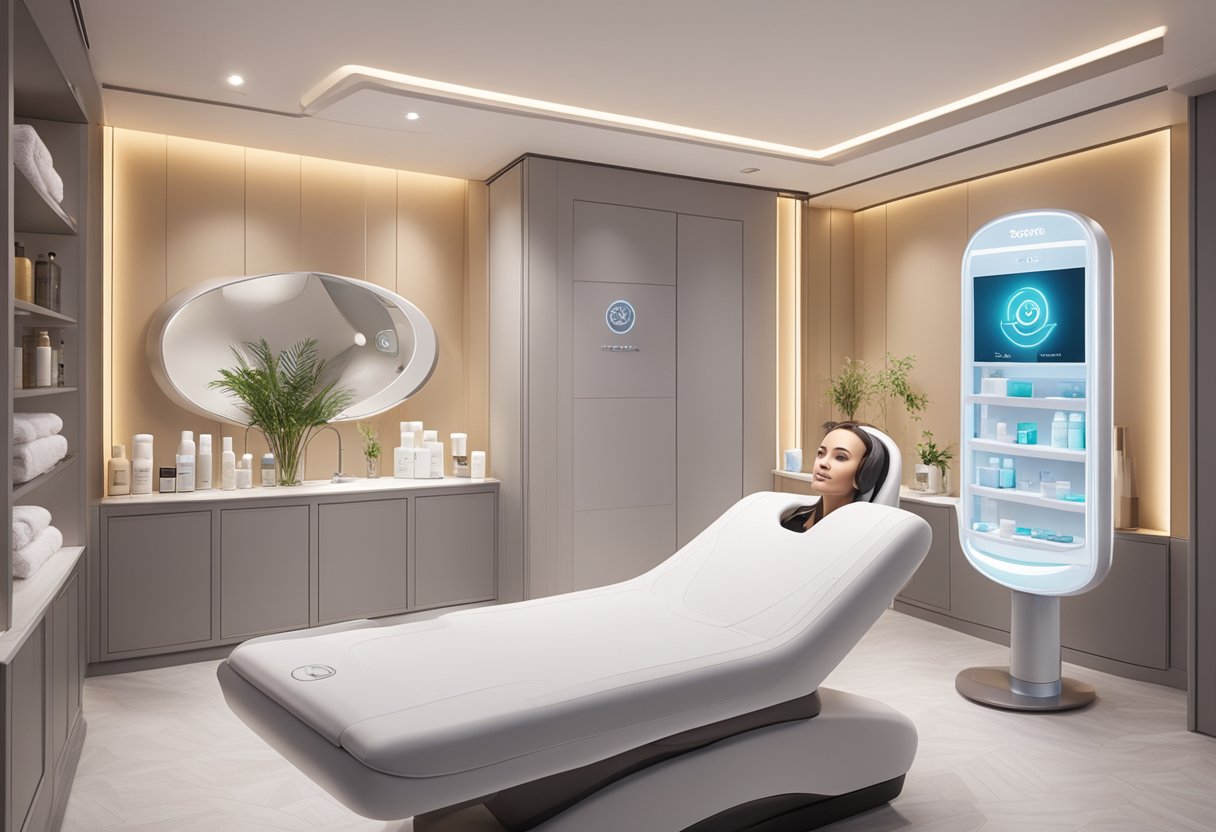 A serene spa room with a futuristic skin tightening device, before and after images displayed on a screen, and a selection of skincare providers' logos