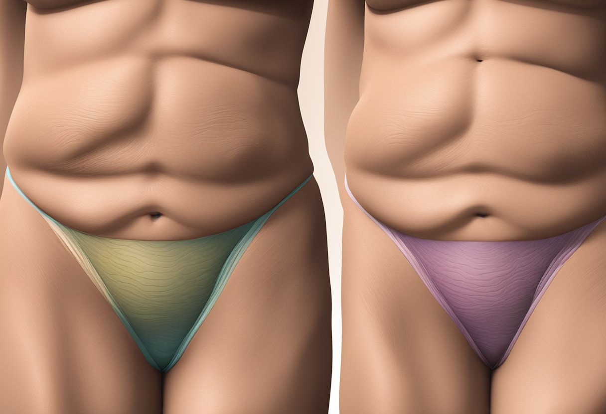 A close-up view of a stomach with stretch marks, followed by the same stomach with visibly reduced marks after Morpheus8 and RF Microneedling treatment