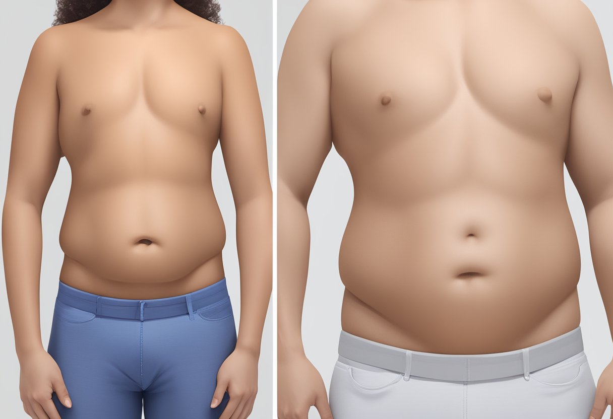 A flat stomach with visible stretch marks before, and a smooth, mark-free stomach after Morpheus8 treatment