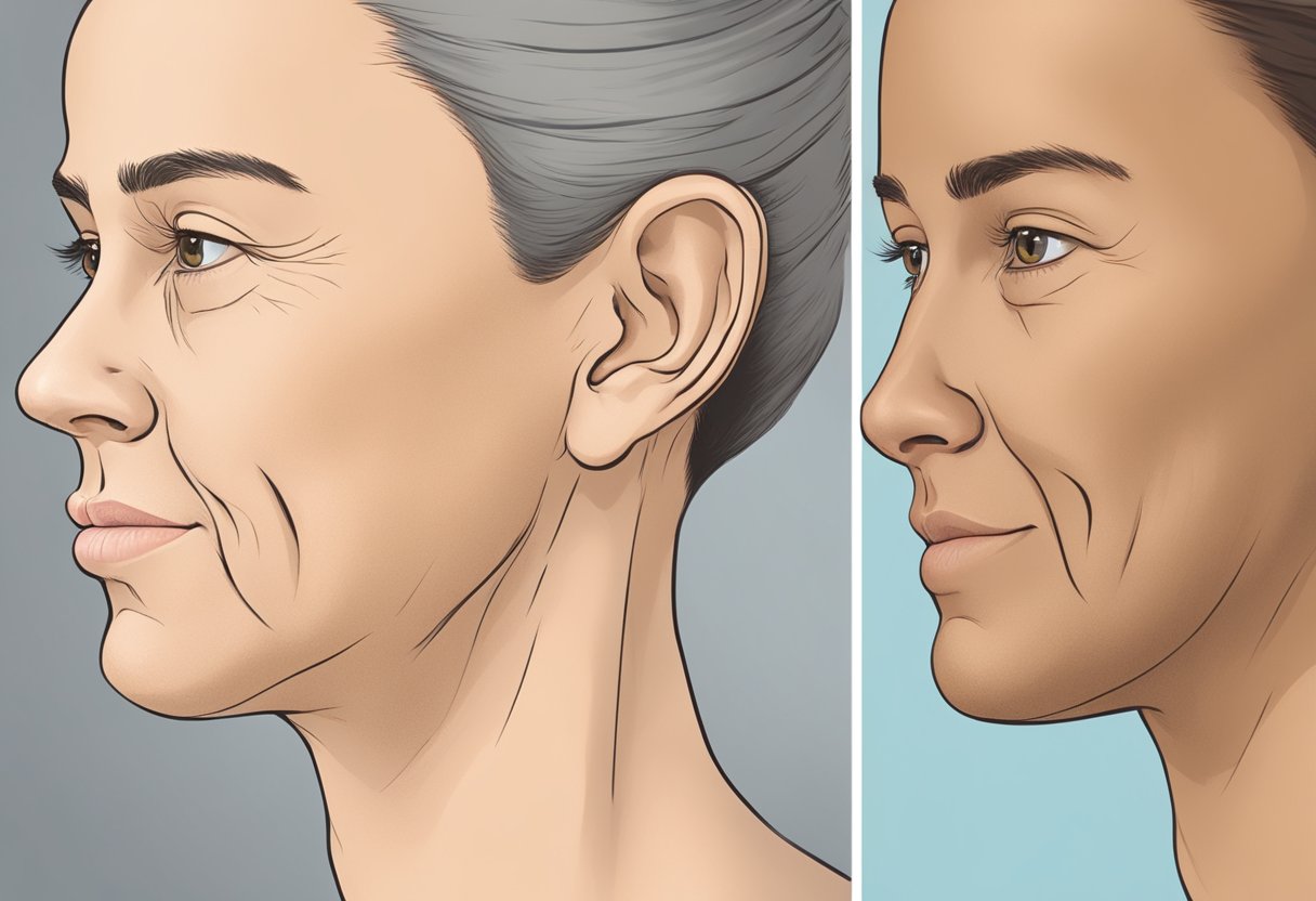 A side-by-side comparison of a sagging jowl before and after lifting, showcasing the dramatic improvement in facial contour and firmness