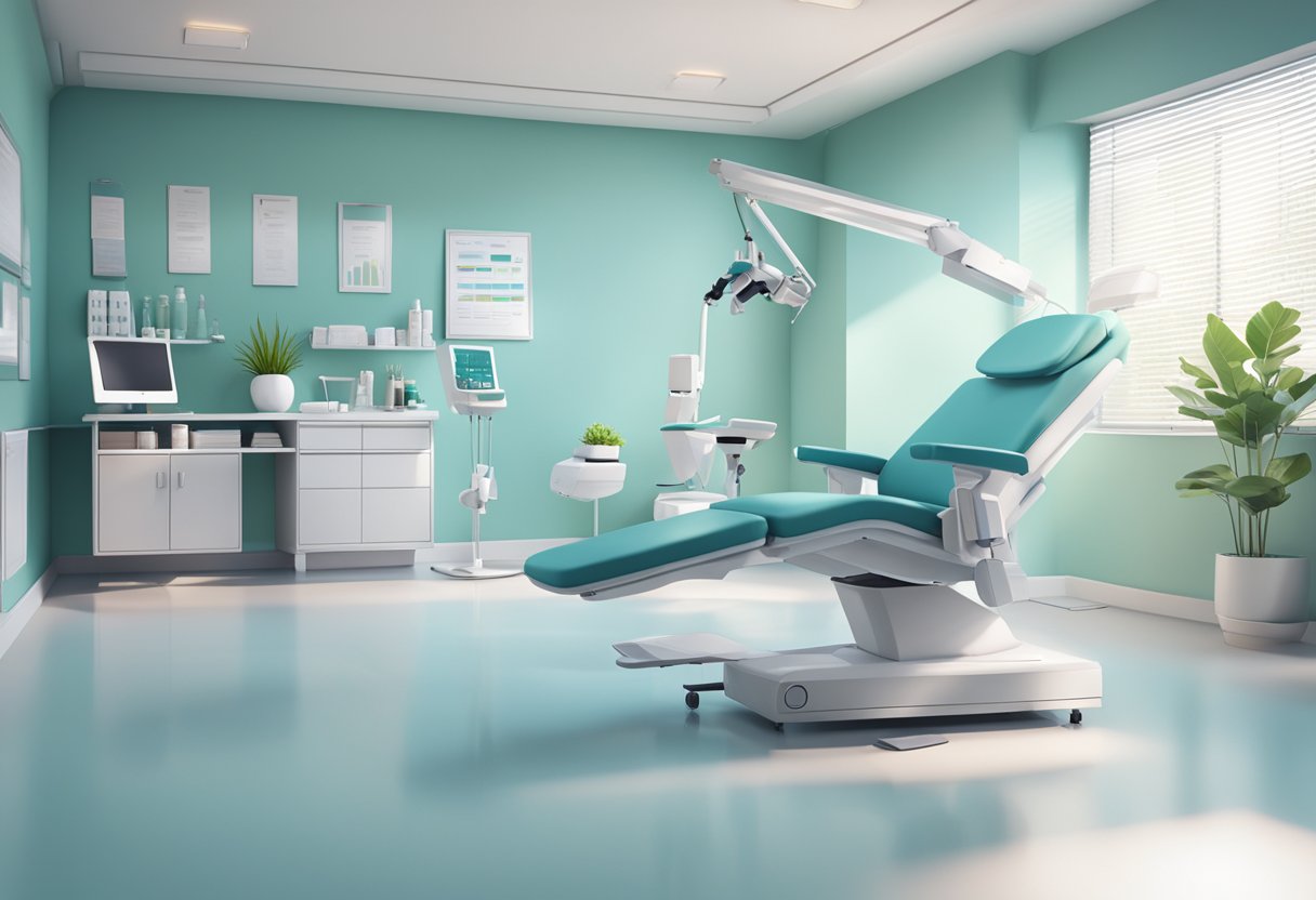 A serene and clean medical office with a reclining treatment chair, a professional skincare machine, and a soothing color scheme