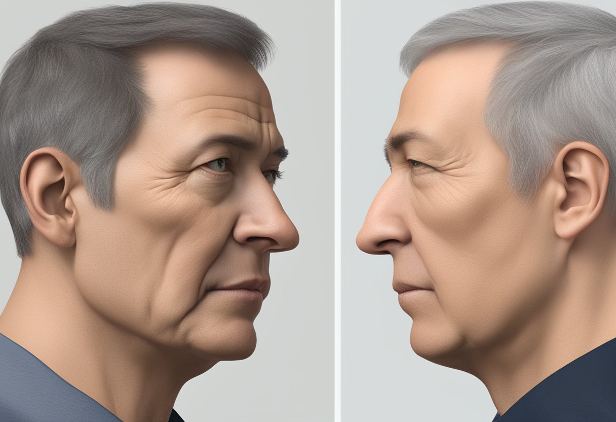 A side-by-side comparison of a sagging jowl before and after using Morpheus, showing a noticeable lifting and tightening effect