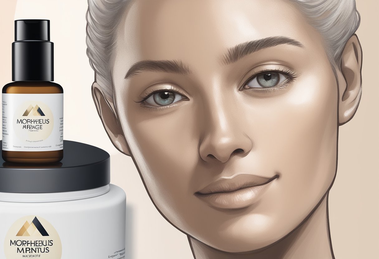 A close-up of a bottle of Morpheus for Age Spots next to an image of clear, even-toned skin