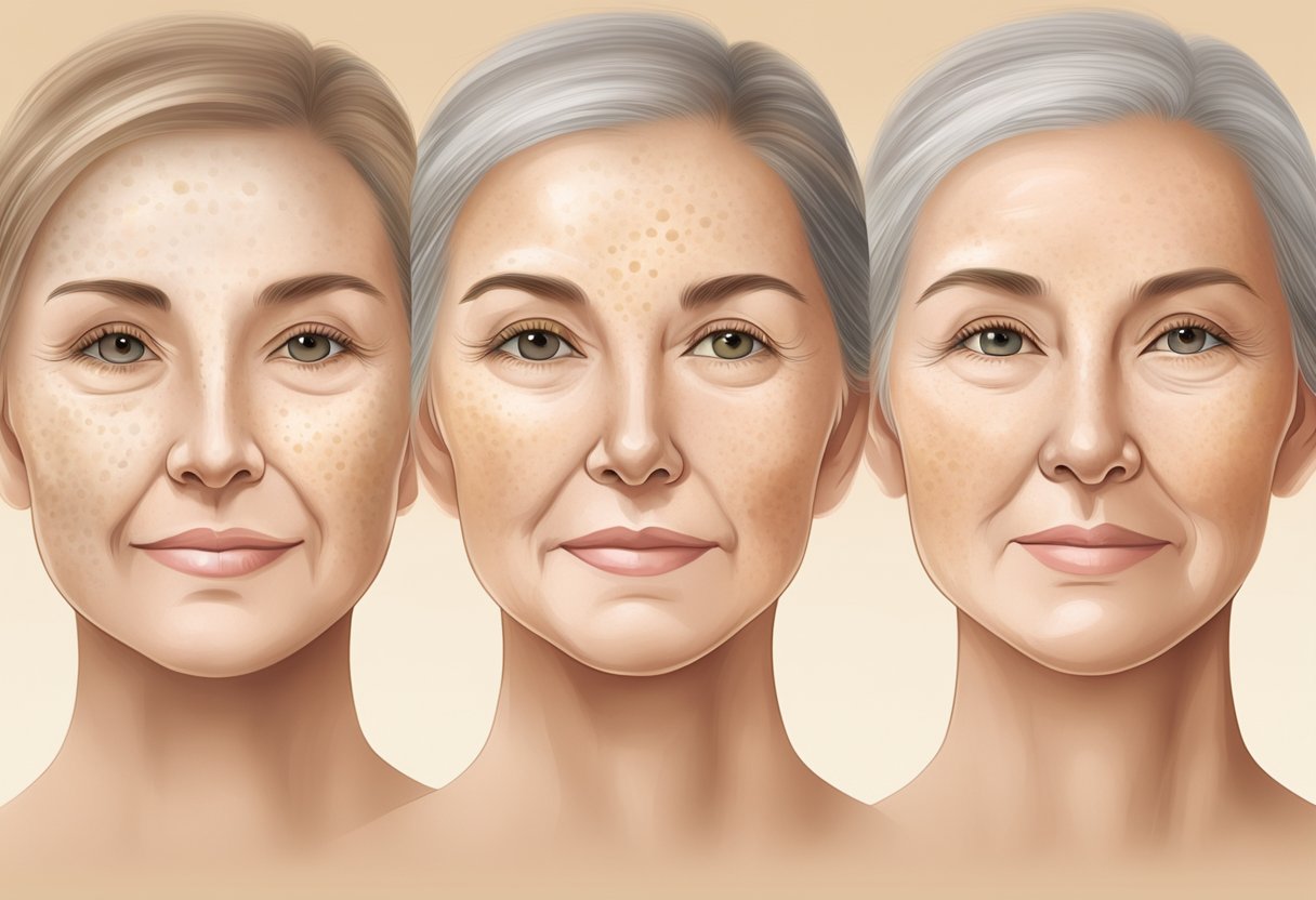 A series of age spots gradually fading away on a patch of skin, revealing a clearer and smoother complexion