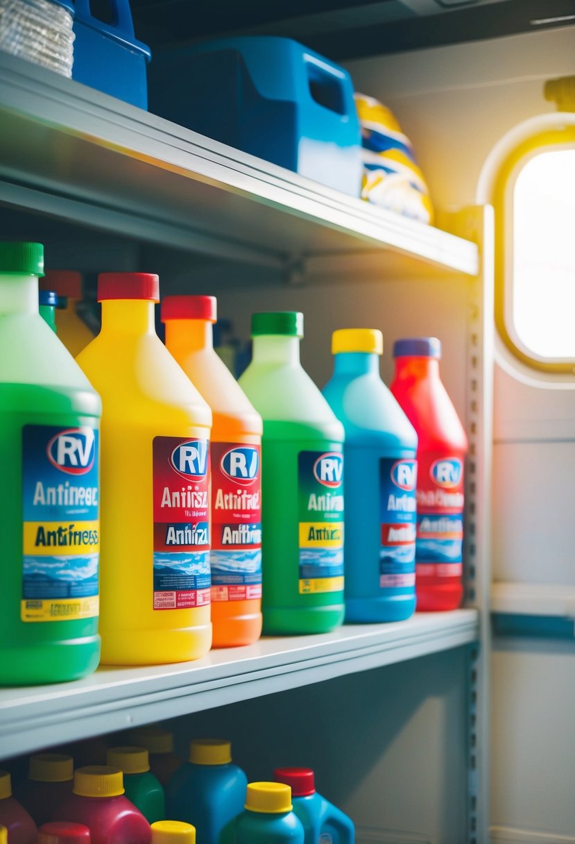 A shelf stocked with colorful bottles of RV antifreeze in a well-lit storage room