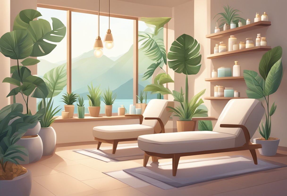 A serene spa room with soft lighting, plush chairs, and shelves of skincare products. A calming atmosphere with potted plants and soothing music