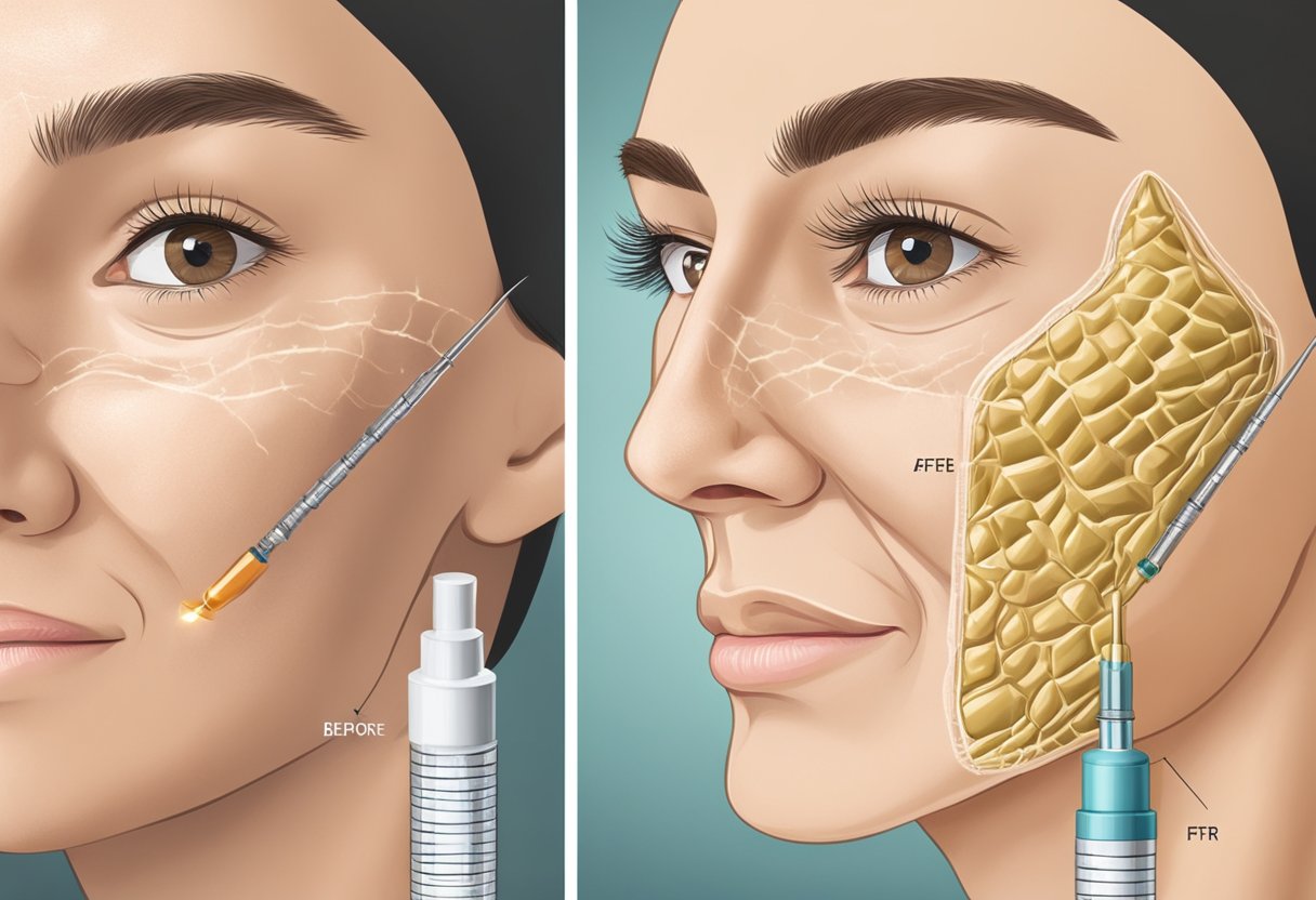 A close-up of a syringe injecting into a wrinkle, with a before-and-after comparison of the skin's texture