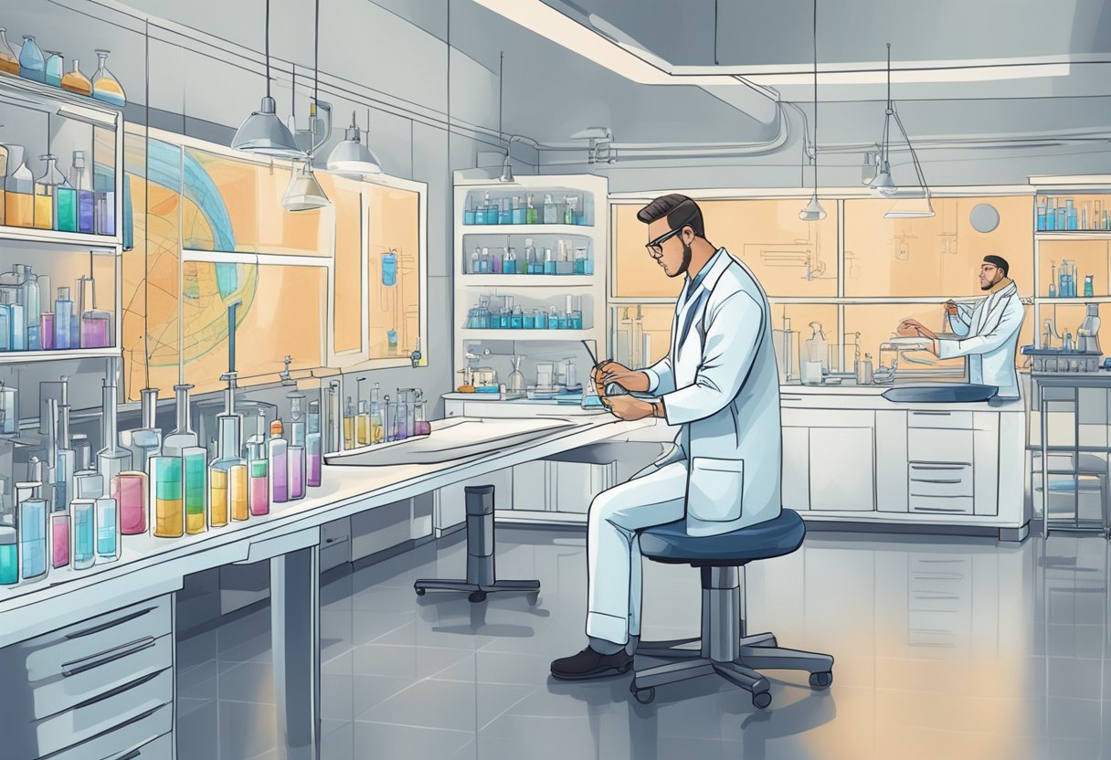 A laboratory setting with a scientist injecting a substance into a muscle, with diagrams and charts on the walls explaining the science behind Botox