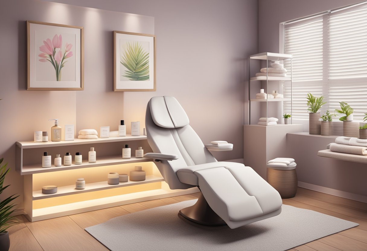 A serene spa room with soft lighting and a comfortable treatment chair. A shelf displays various skincare products and a brochure on Botox treatment